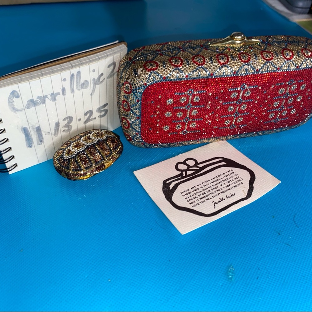 Judith Leiber Red and Gold Crystal Clutch & mini turtle pill box